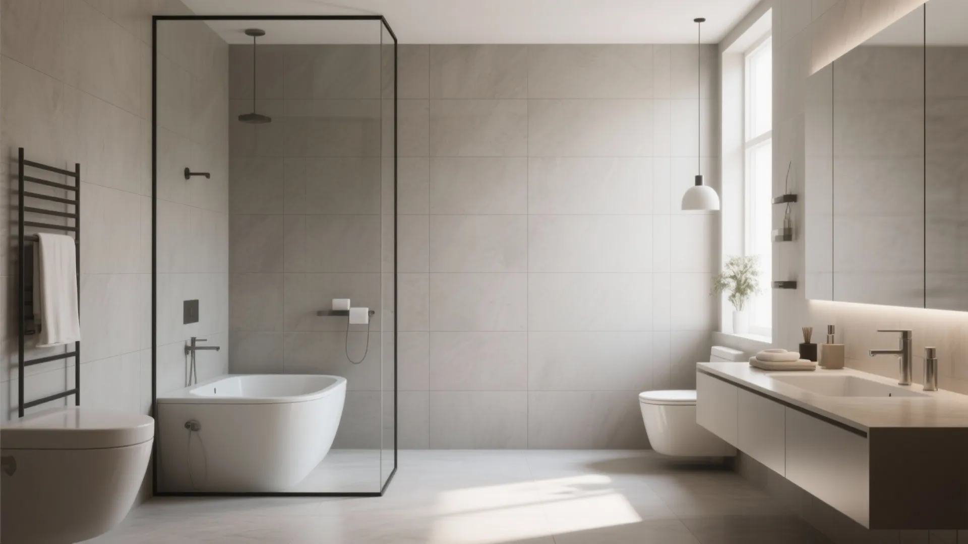 Minimalist bathroom interior with grey large wall tiles white bathtub glass partition and white vanity unit
