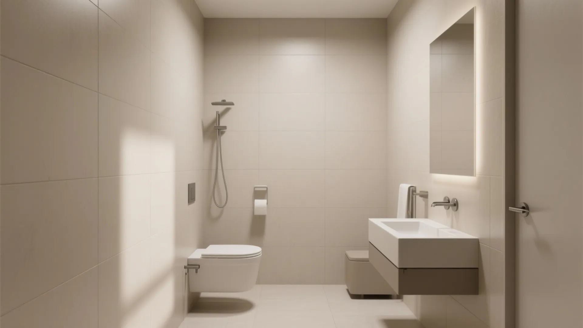 Minimalist beige bathroom with large tiles wall hung toilet floating sink mirror and simple shower head