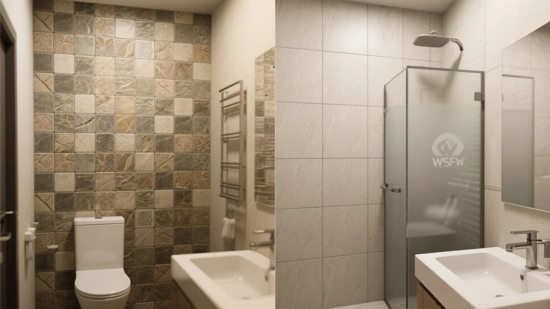 Before and after comparison showing a bathroom renovation from small square tiles to large tiles