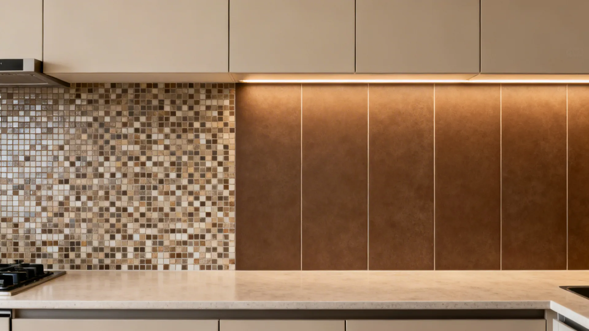 Before-and-after of a small kitchen backsplash switching to large-format coffee-brown porcelain.