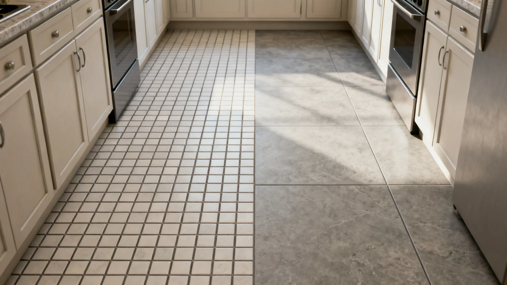 Before-and-after small kitchen showing small tiles replaced by large-format stone-look porcelain.