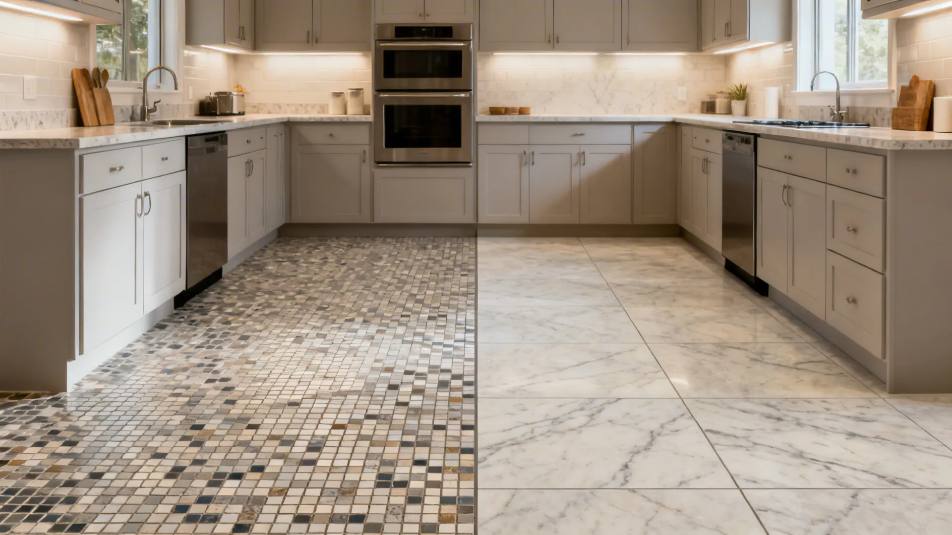 Before and after small kitchen floor showing busy small tiles versus seamless large-format stone-look porcelain.