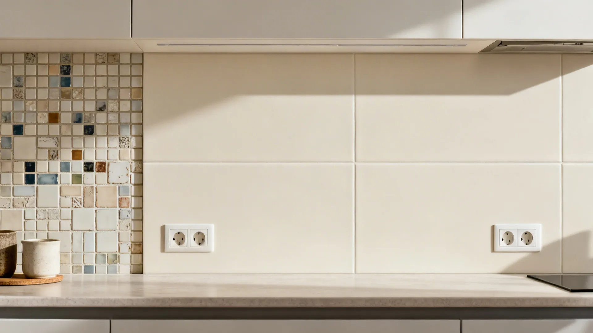Before-and-after comparison from busy small tiles to calm large-format ceramic backsplash.