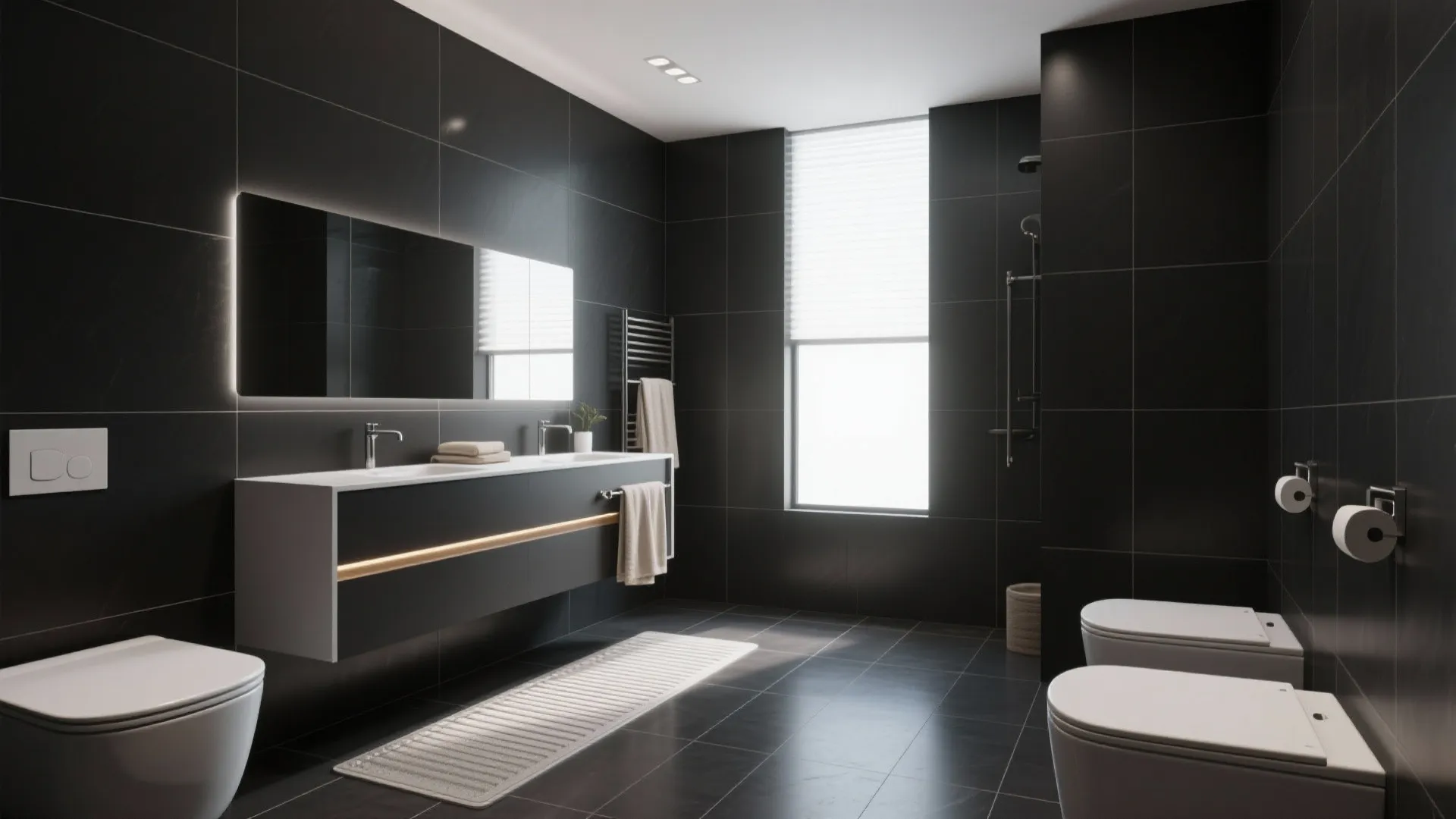 2. Large-format black porcelain for modern minimalism