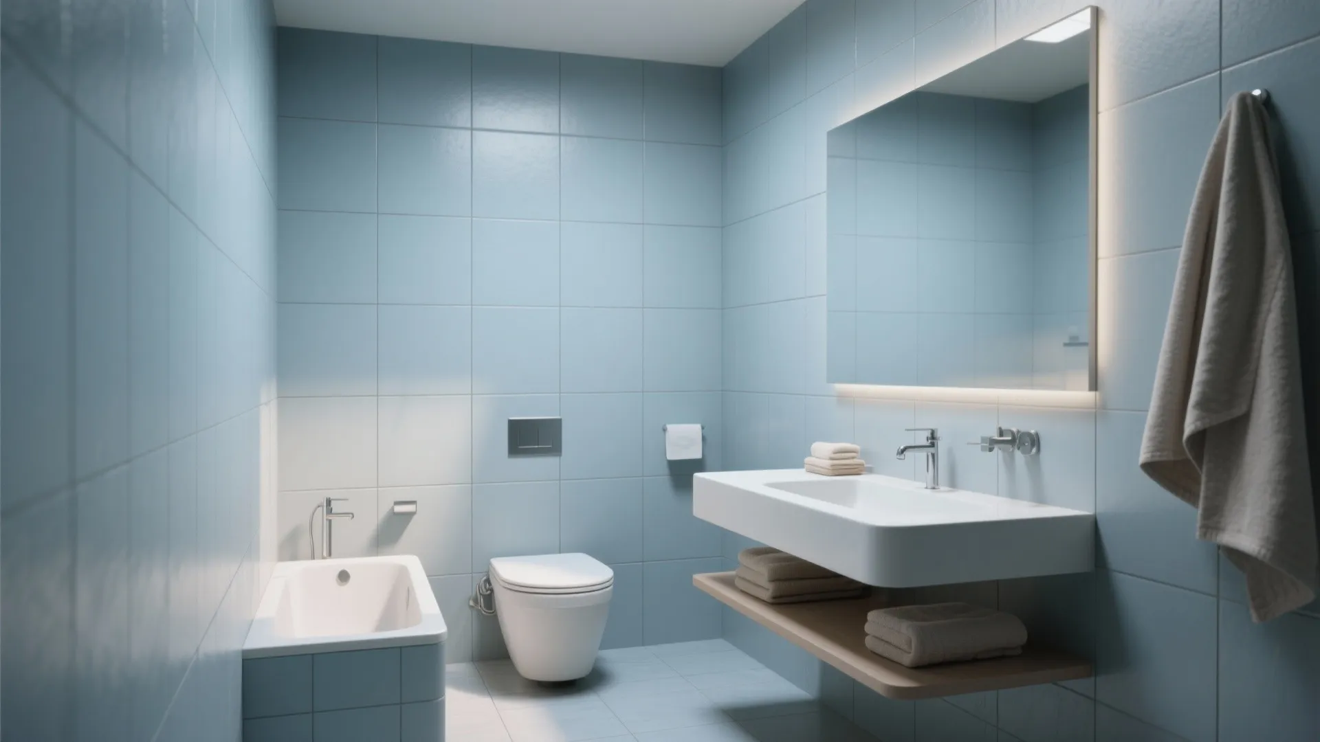 Modern bathroom with large blue tiles featuring white toilet bathtub floating sink and backlit mirror
