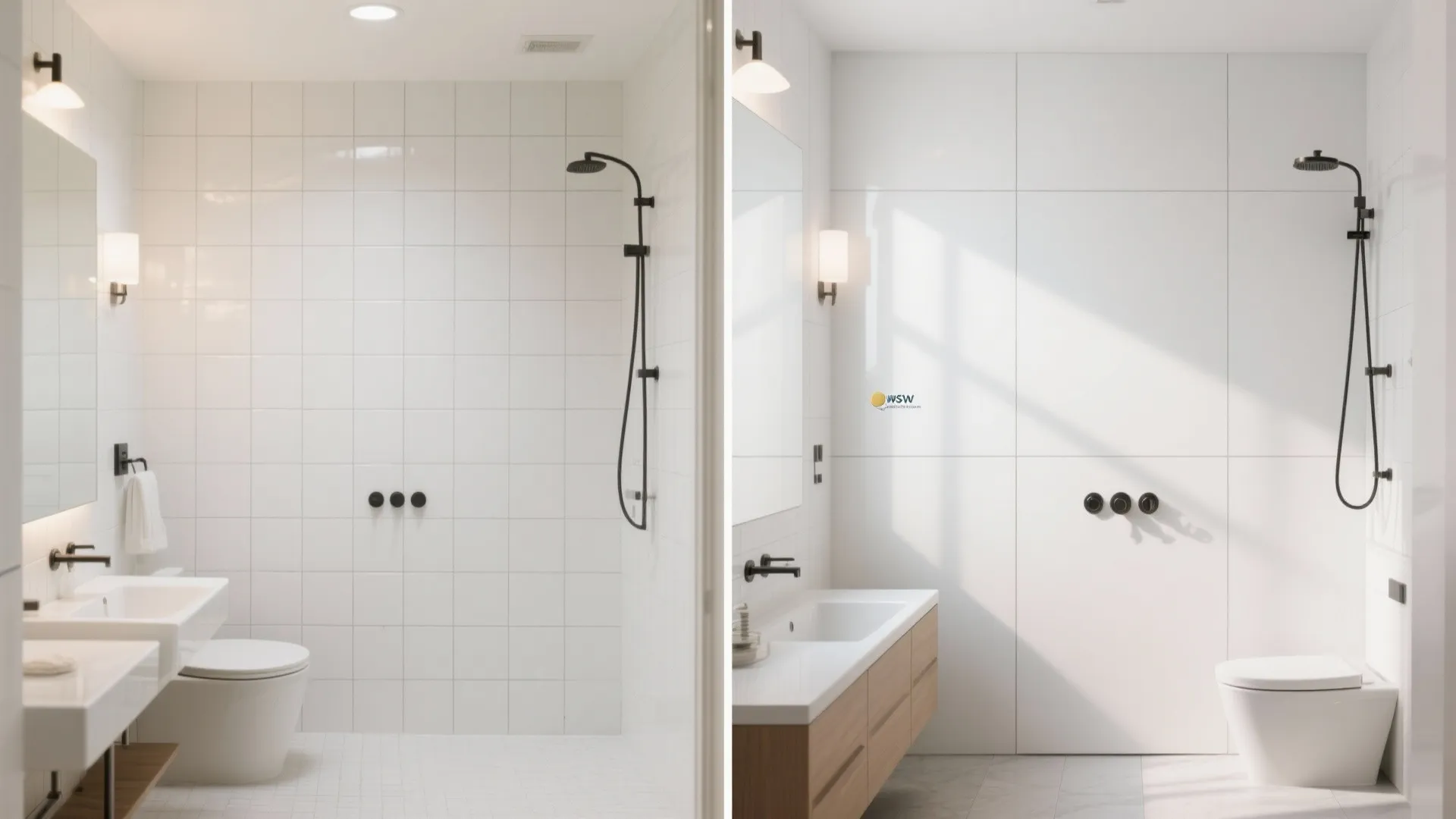 Before and after comparison of a white bathroom showing small tiles versus large wall panels