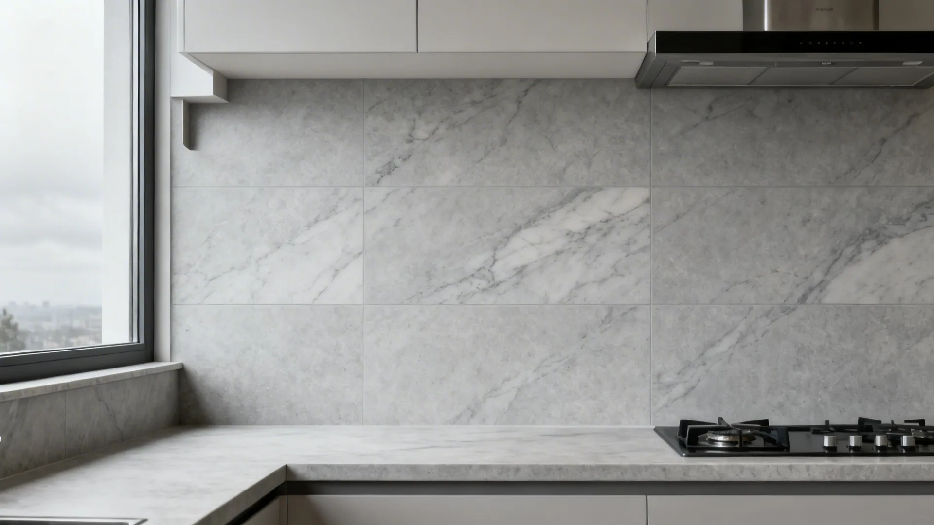 Modern kitchen with grey marble wall tiles, marble countertop, gas stove, and natural window light