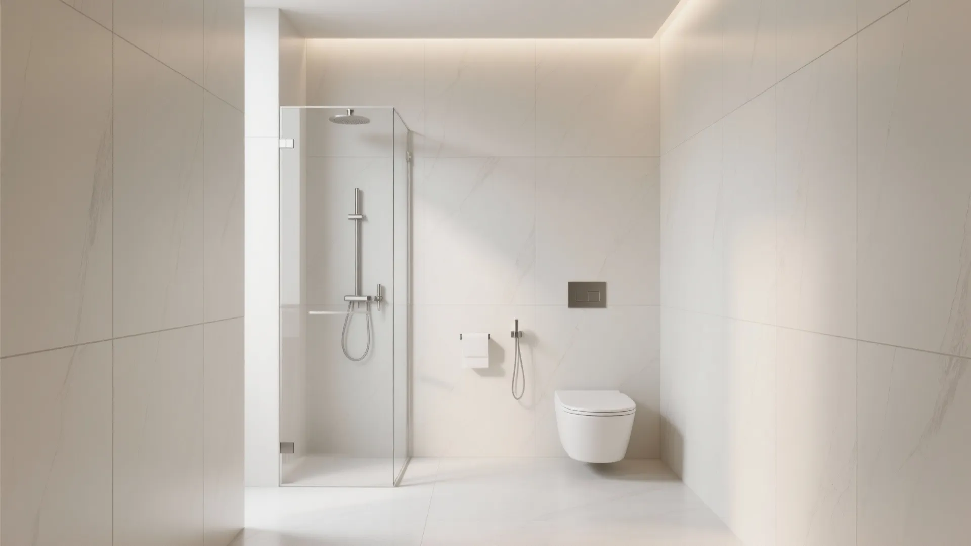 Modern minimalist bathroom with a glass shower cabin white toilet and cream colored wall panels