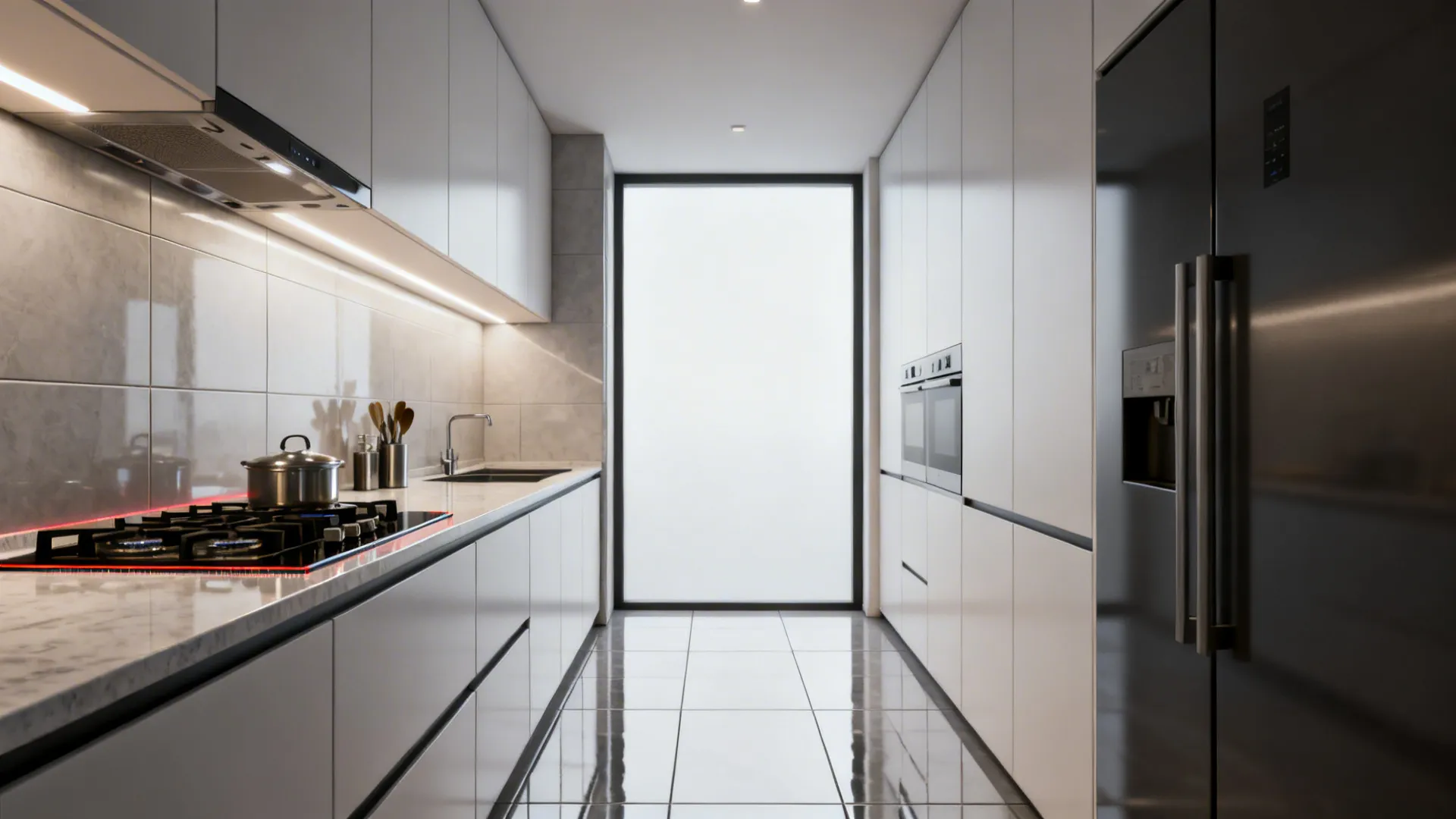 Compact kitchen with large-format wall and floor tiles and minimal grout