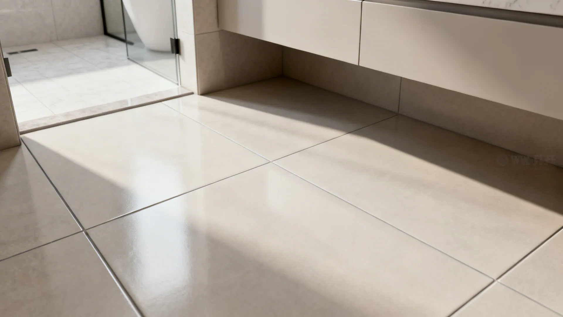 Small bathroom floor with large-format rectified porcelain tiles and minimal grout lines