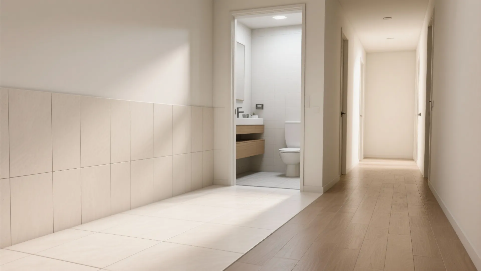 4. Light-colored large-format tiles and continuous flooring