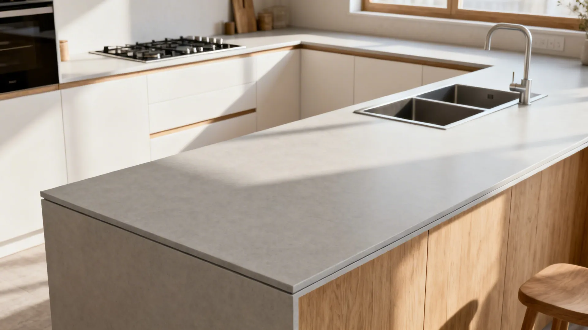 Studio kitchen showing a single-sheet large-format porcelain slab countertop with minimal seams.