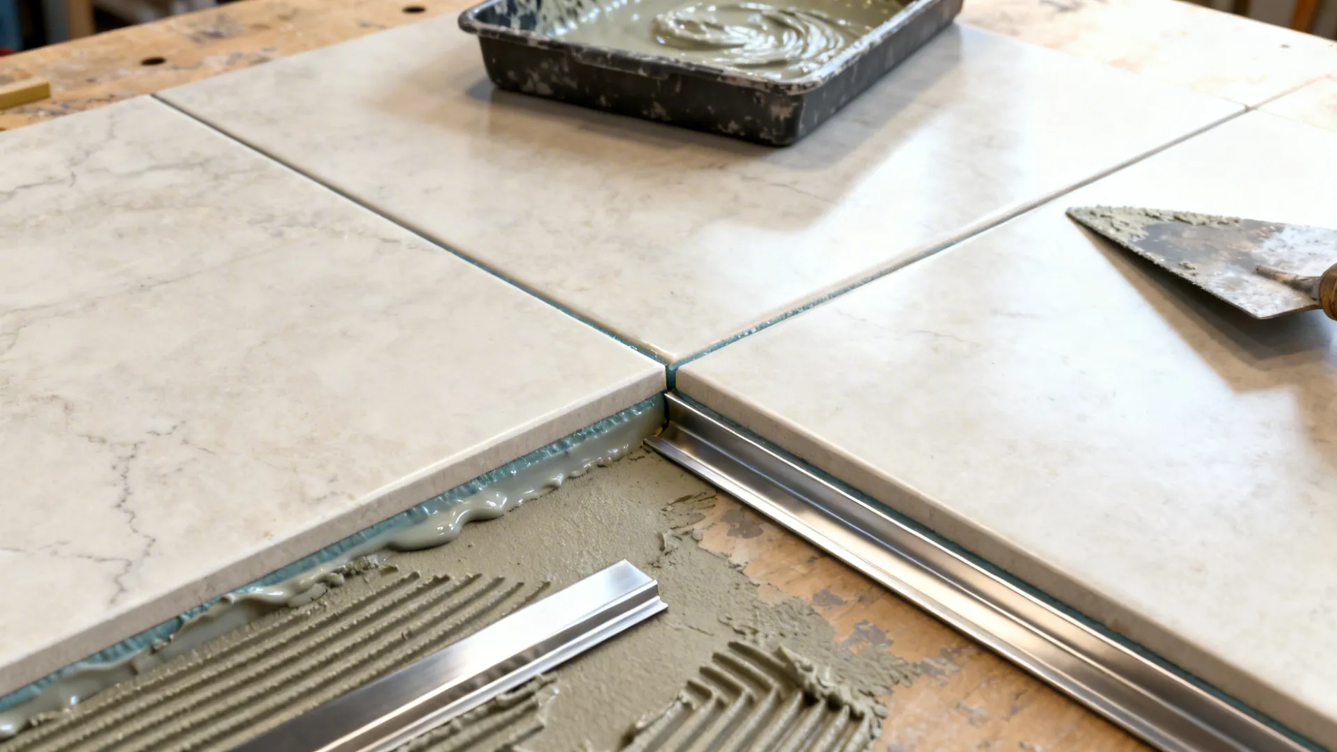 Seam-minimizing large-format tiles with color-matched epoxy