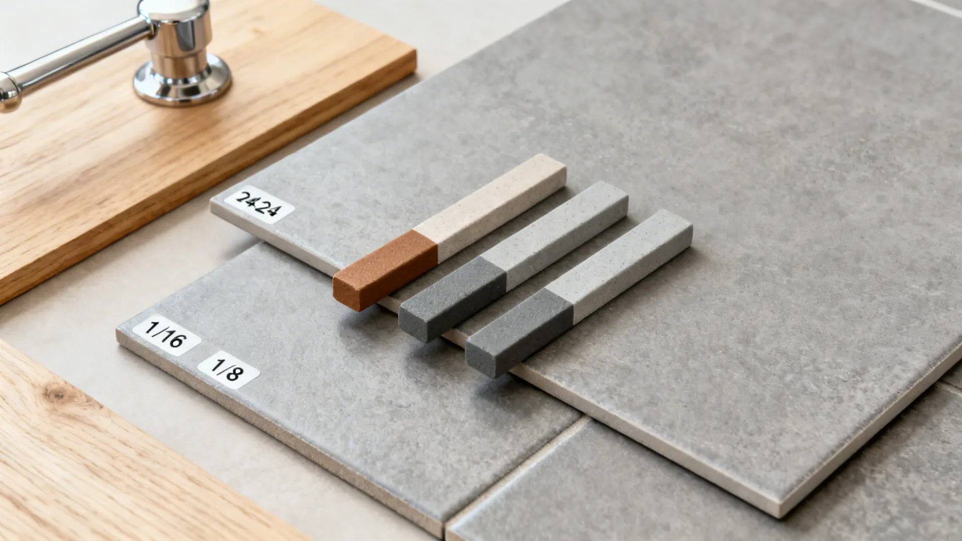 Flatlay of large-format grey tile samples with matching grout and oak accent.