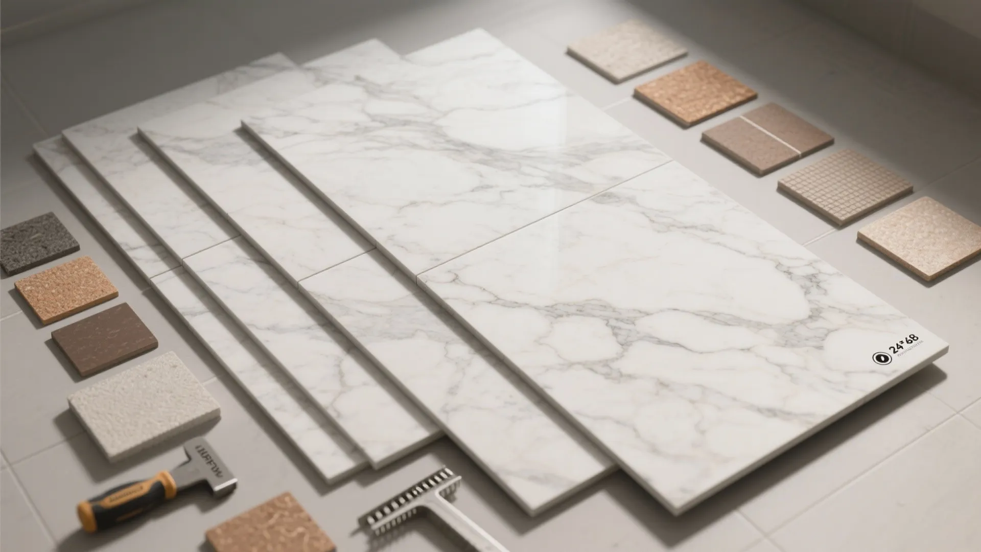 4. Choose large-format marble-look porcelain for floors