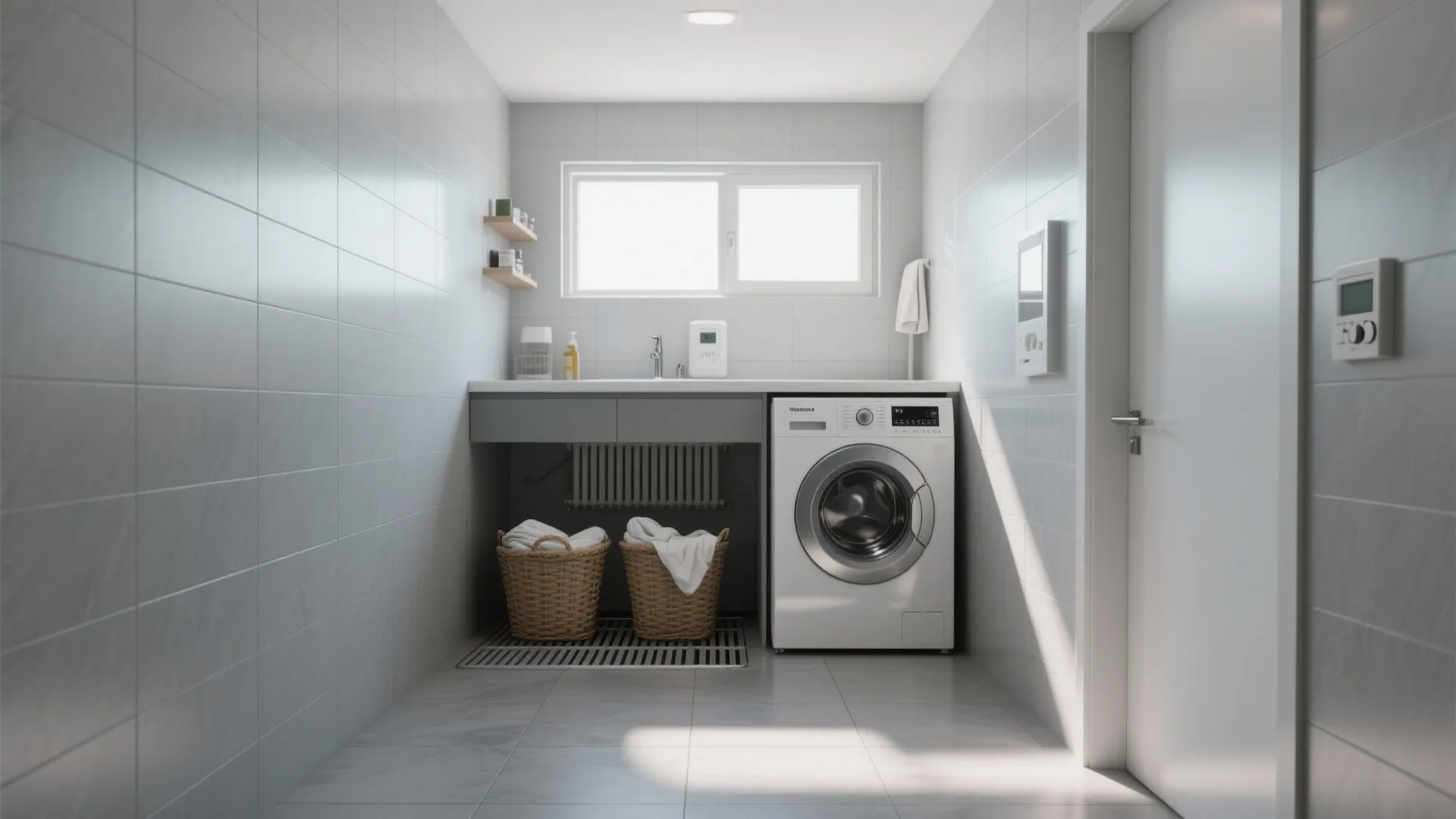 Modern white laundry room with washing machine grey cabinet woven baskets window and wall tiles