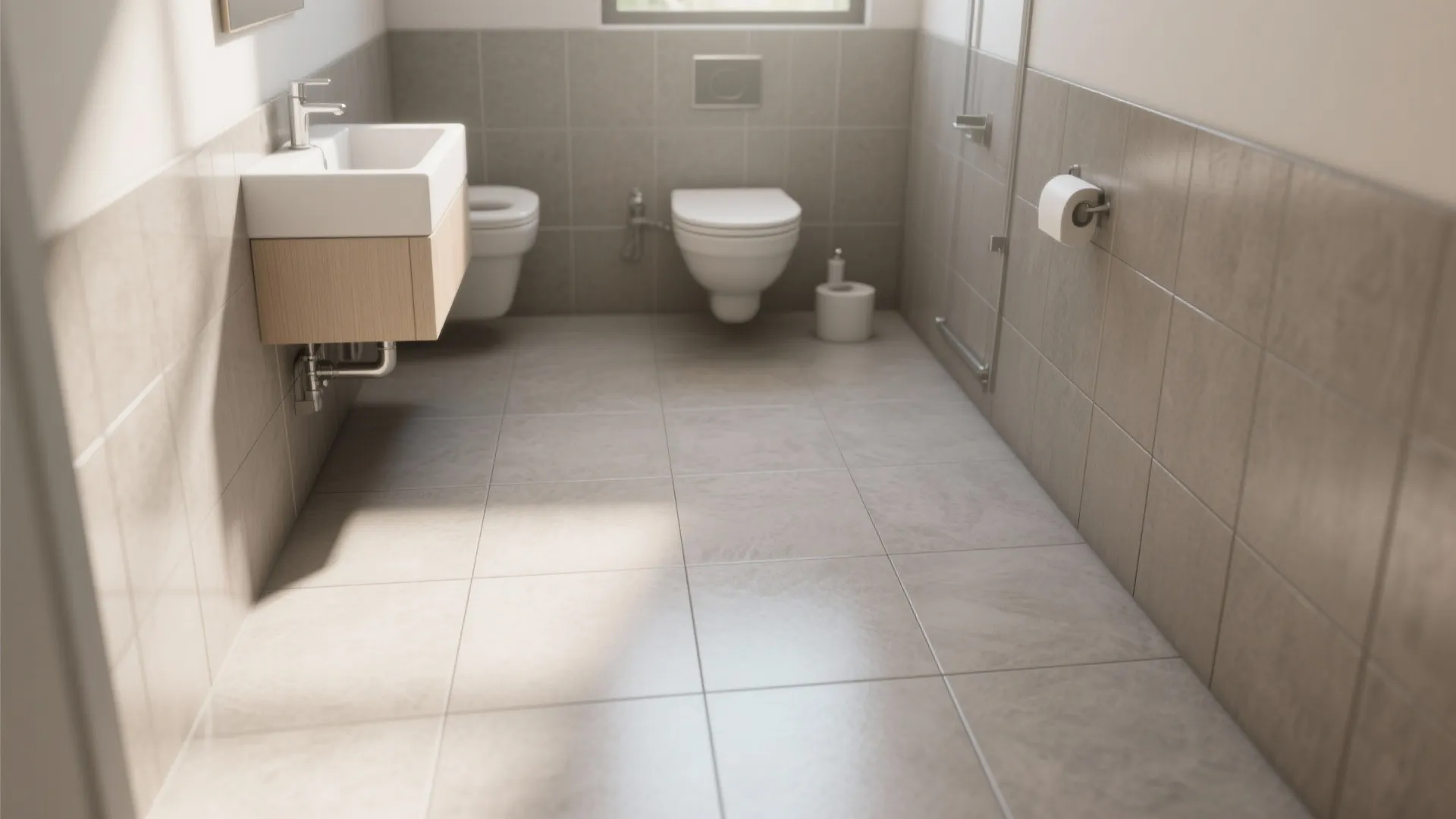 Modern bathroom with large grey floor tiles, wall hung toilet, white sink, and beige walls
