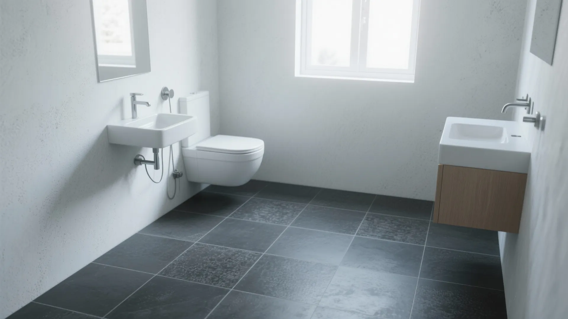 2. Mix large-format dark grey on floors with light walls