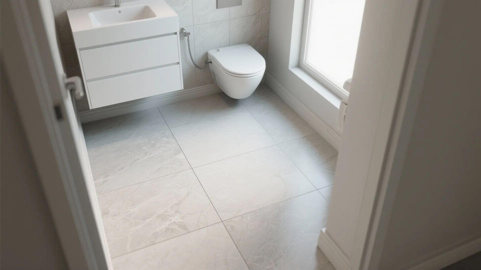 Small bathroom with large-format porcelain floor tiles and minimal grout lines creating an expanded look.