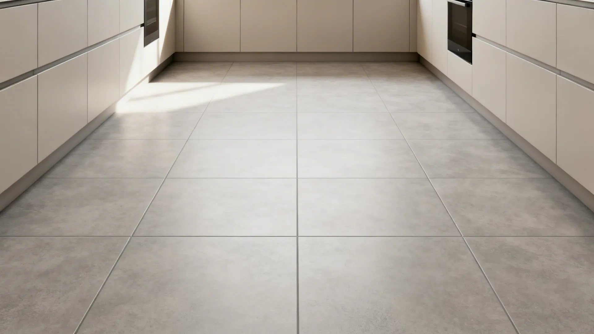 Light gray 600x600 mm porcelain floor tiles with tight grout visually widen a small kitchen.