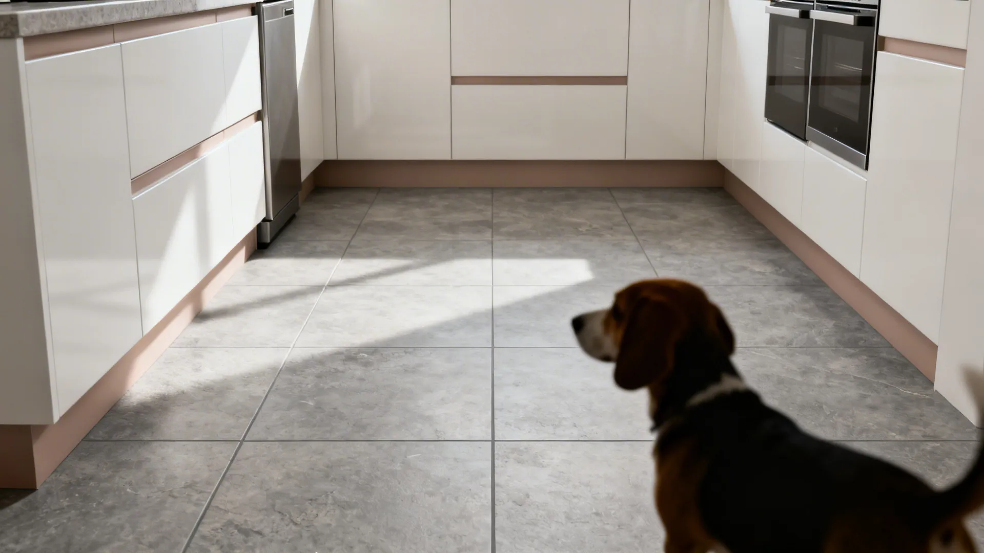 Mid-gray large-format stone-look floor tiles with minimal grout in a compact kitchen.