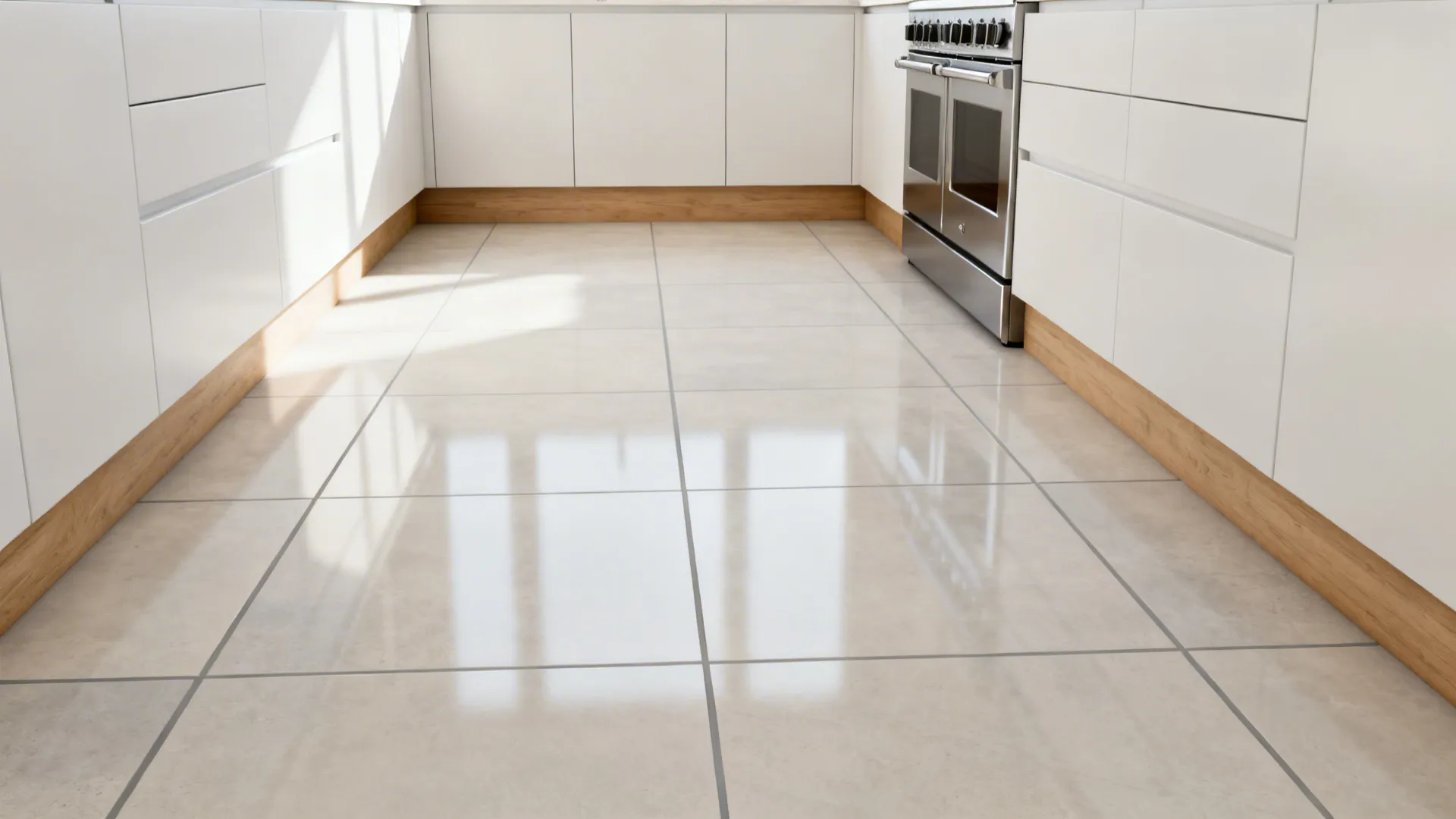 Large beige floor tiles in bright kitchen with white cabinets and simple light wood trim
