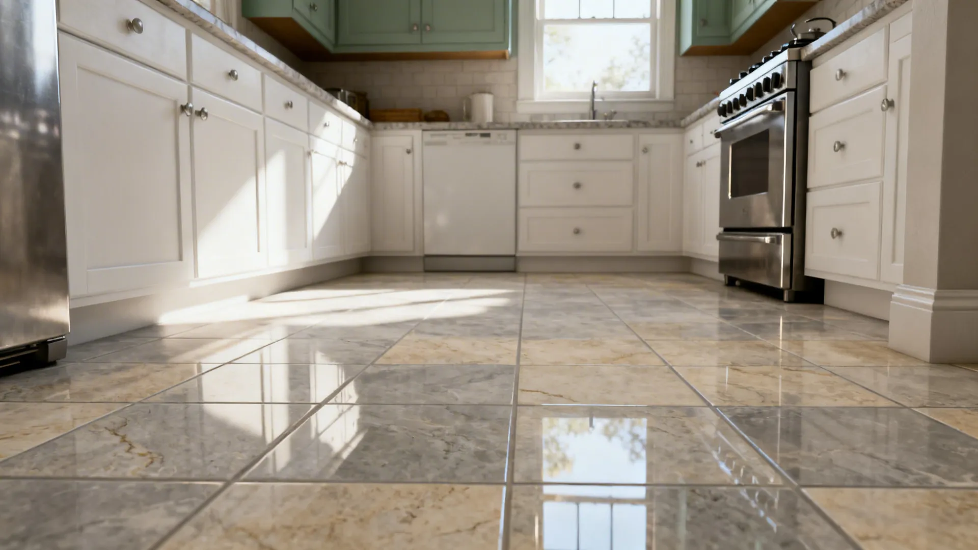 Small kitchen with 24x48 stone-look porcelain tile floor and tight grout joints.