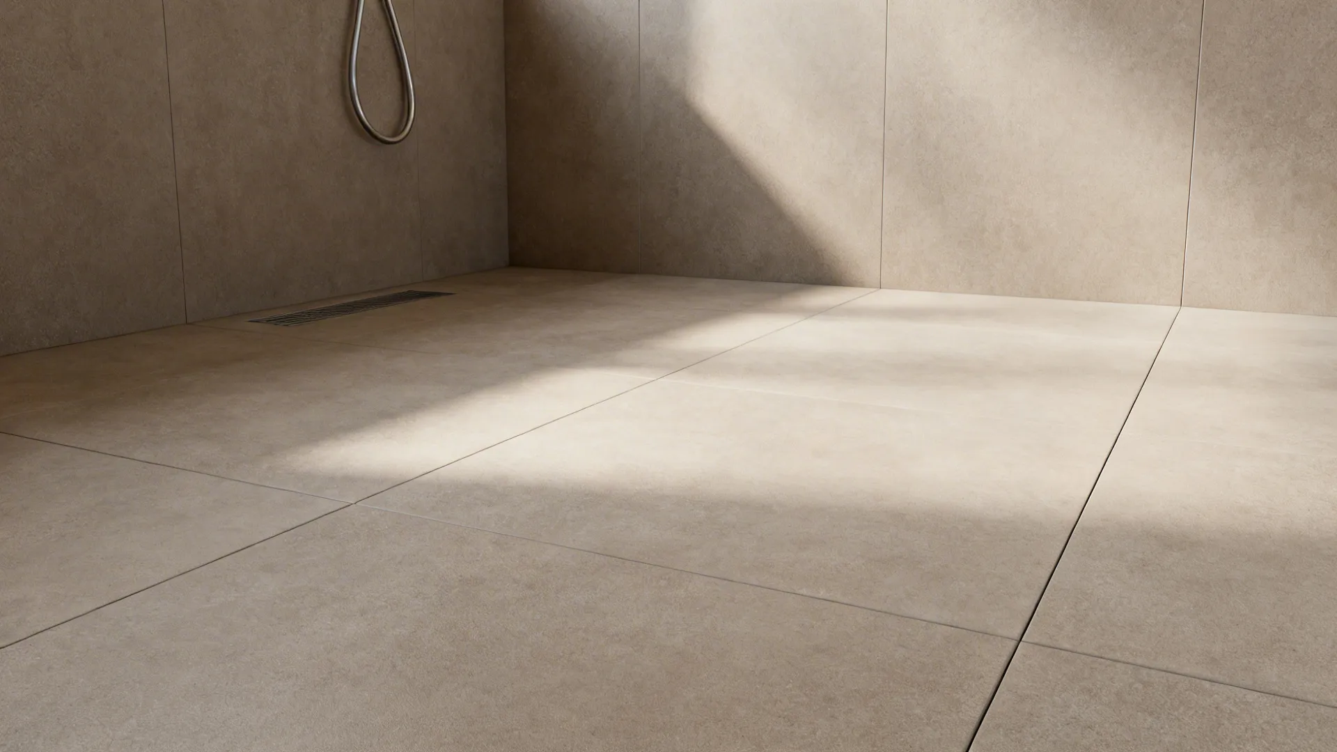 Large-format matte porcelain tiles on floor and lower walls in a compact bathroom
