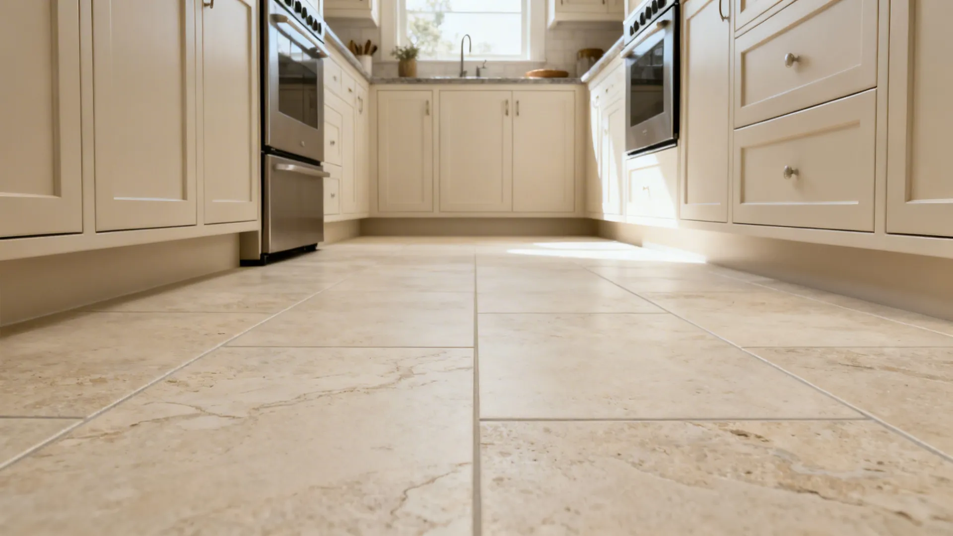 Large-format light limestone-look porcelain floor with tight grout joints in a small kitchen.