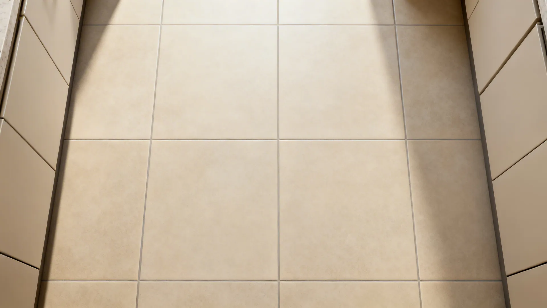 Top-down view of matte large-format beige porcelain tiles with tight matching grout.