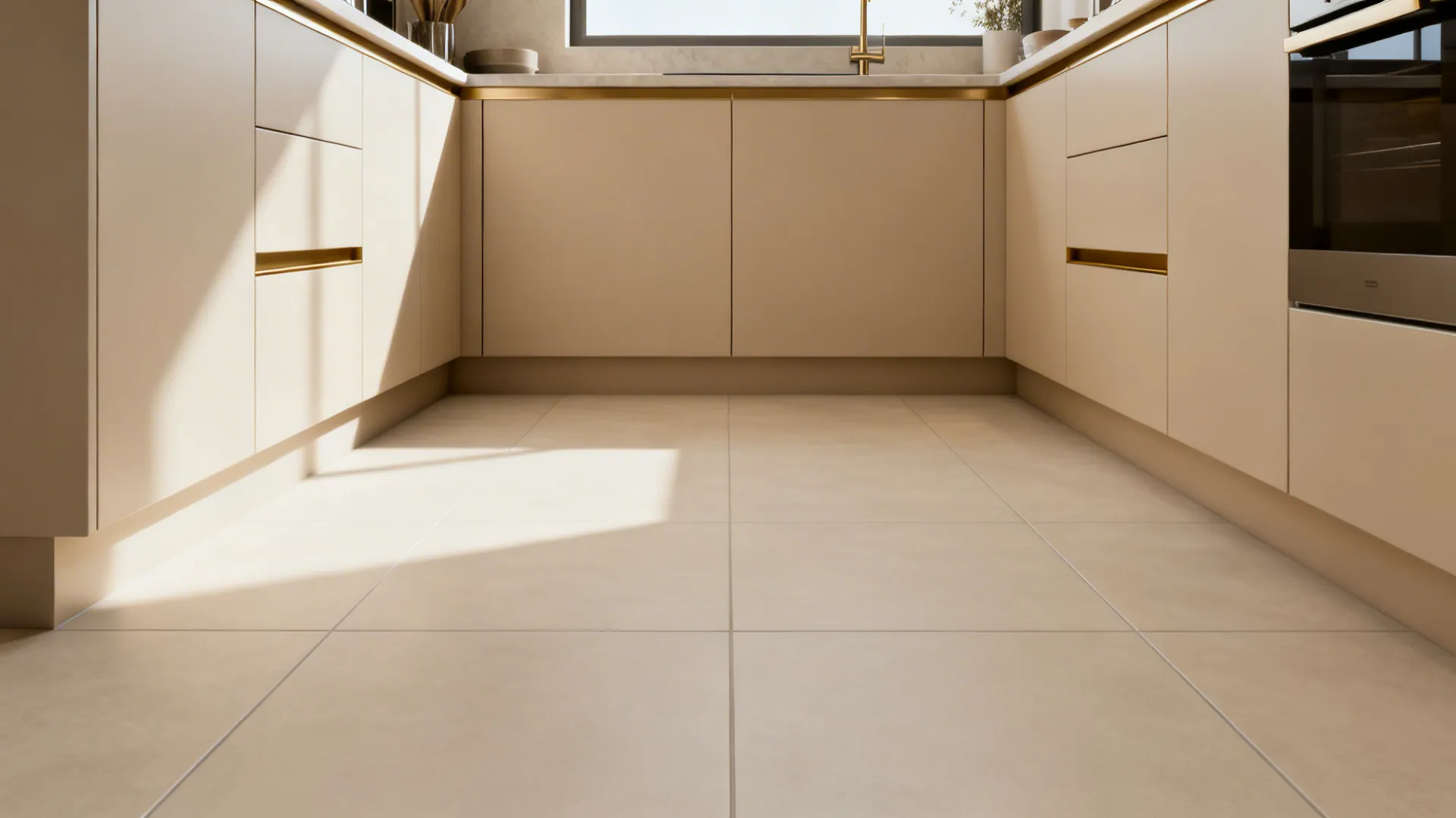 Small kitchen with 24x24 rectified porcelain tiles and ultra-thin grout lines for a seamless look.
