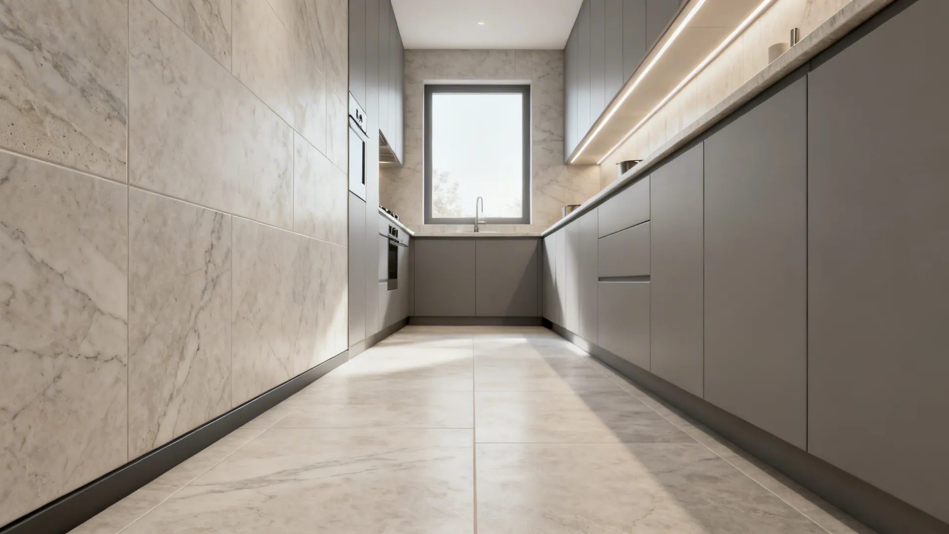 Narrow galley kitchen with large-format stone-look porcelain tiles and minimal grout lines.