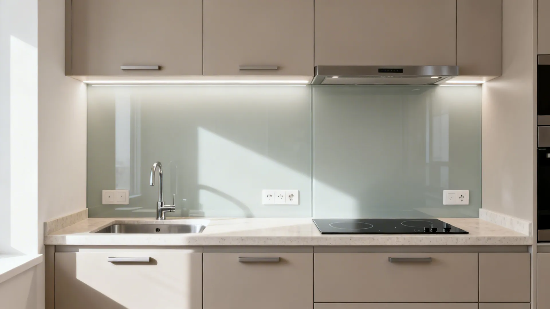Seamless back-painted large glass backsplash panel in a sleek small kitchen.
