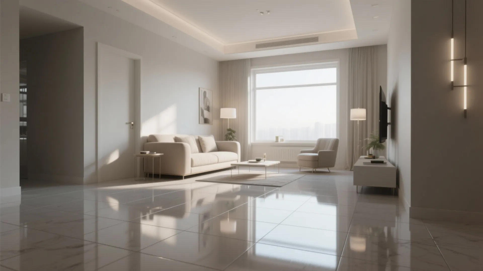 Modern bright living room with cream sofa marble floor large window floor lamp and TV