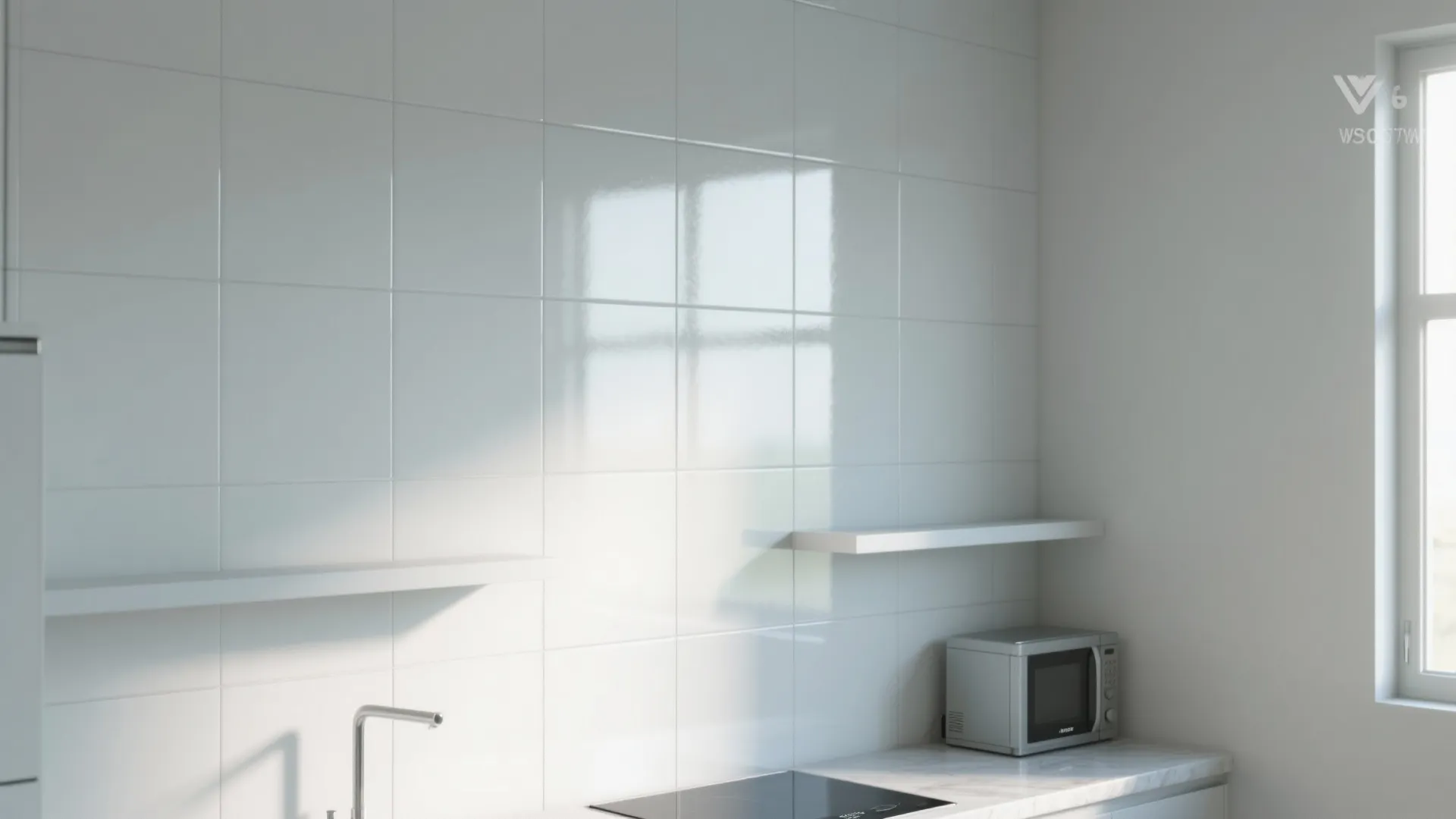 Minimalist white kitchen with glossy square wall tiles floating shelves small microwave and window natural light
