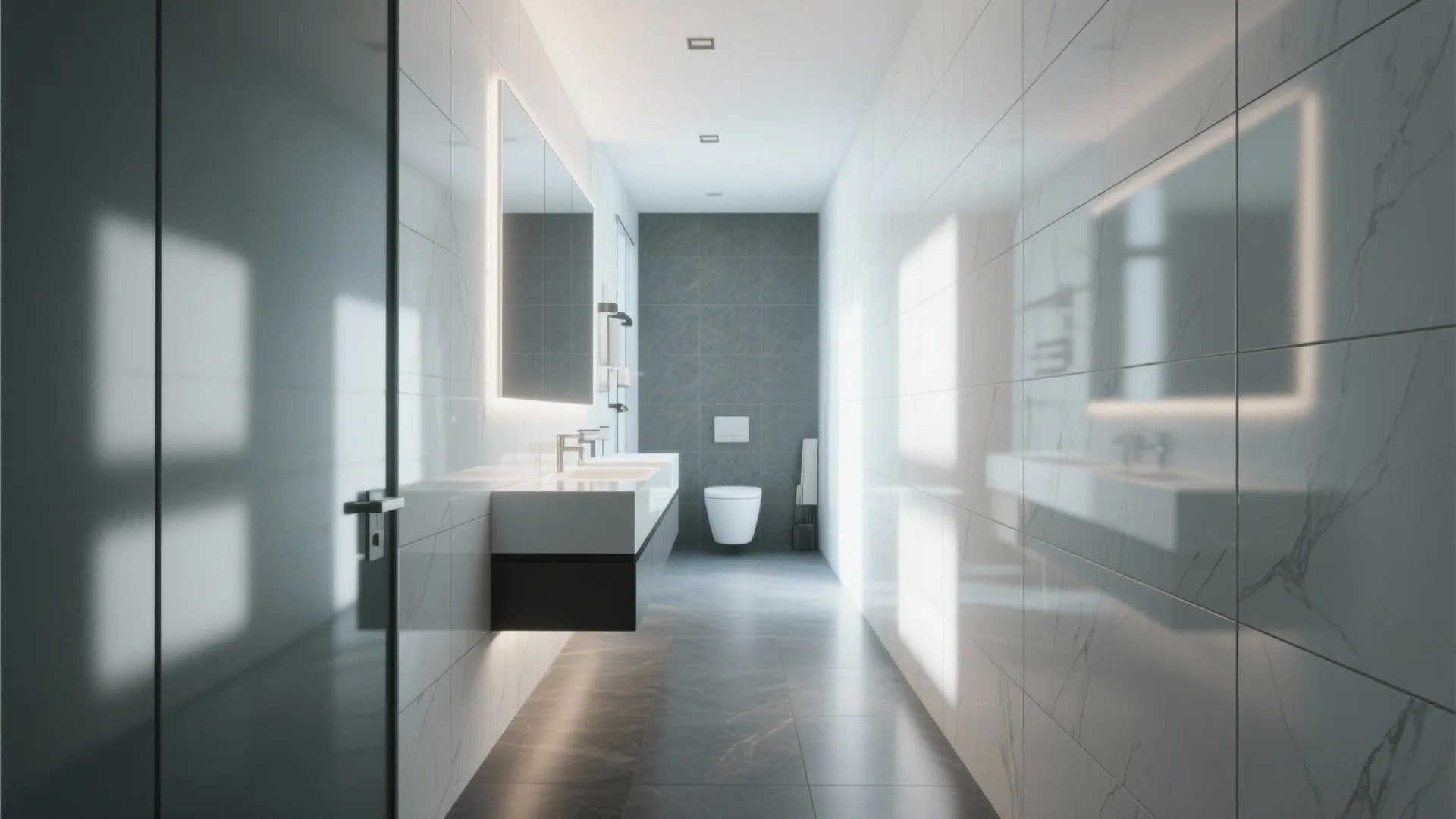 Modern bathroom with white marble wall panel large grey floor tiles sink and toilet seat