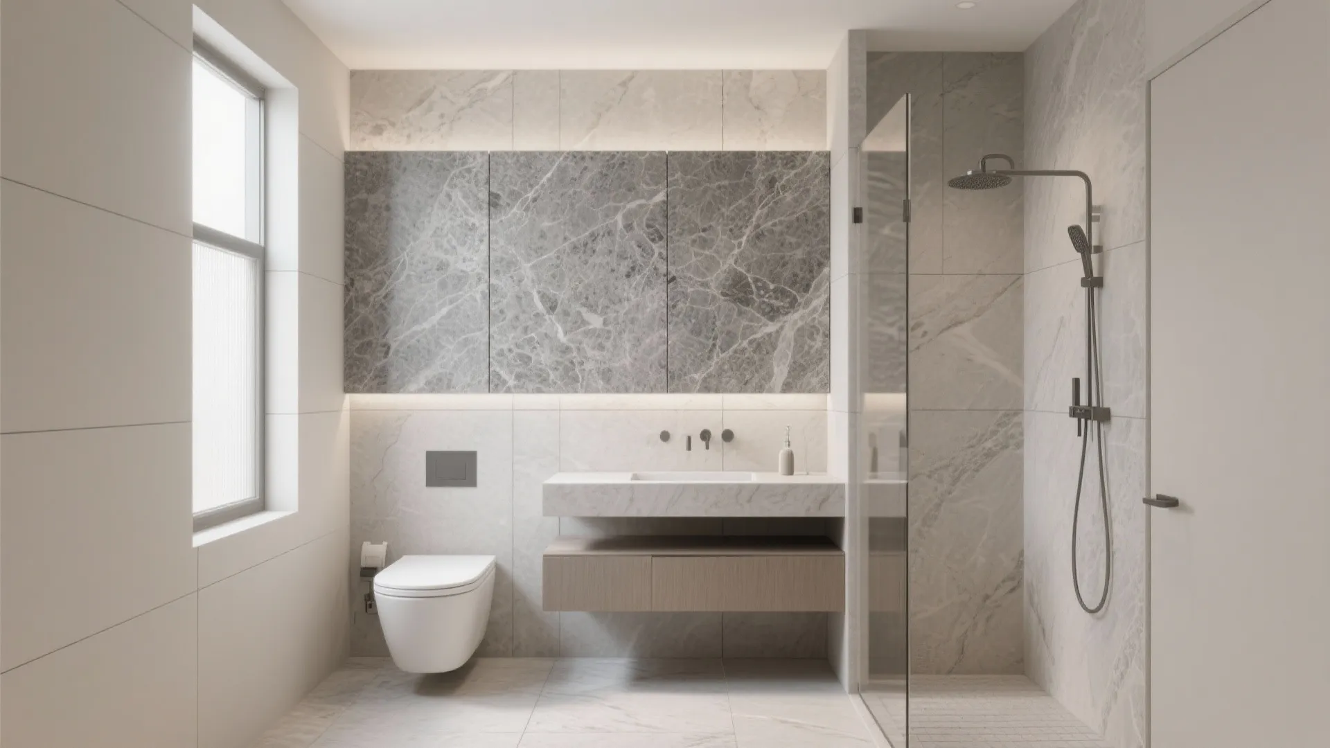 Small bathroom with large-format granite panels and minimal grout lines for a clean look.