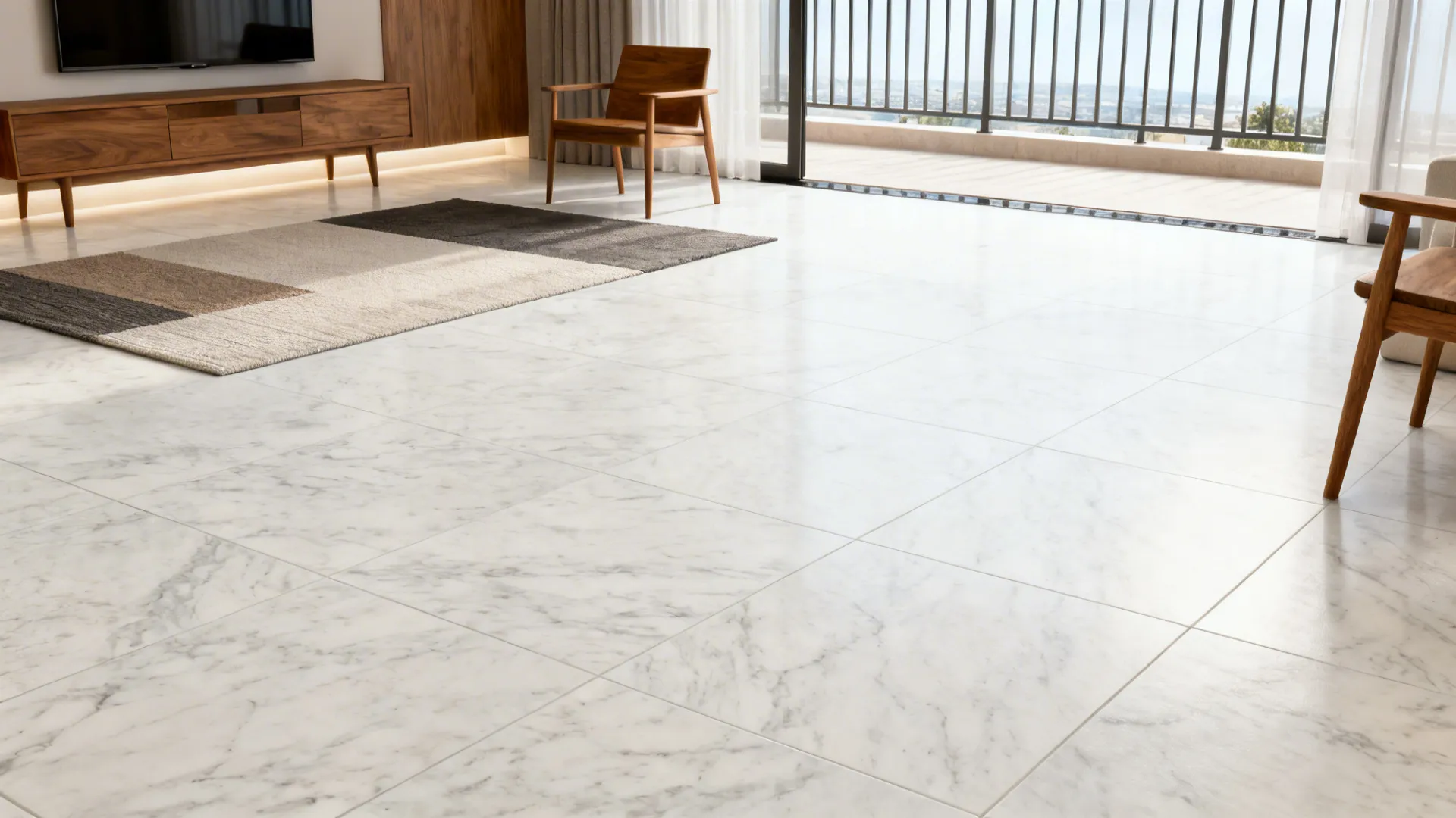Bright interior featuring large white marble floor tiles wooden cabinet chairs and balcony with metal railing