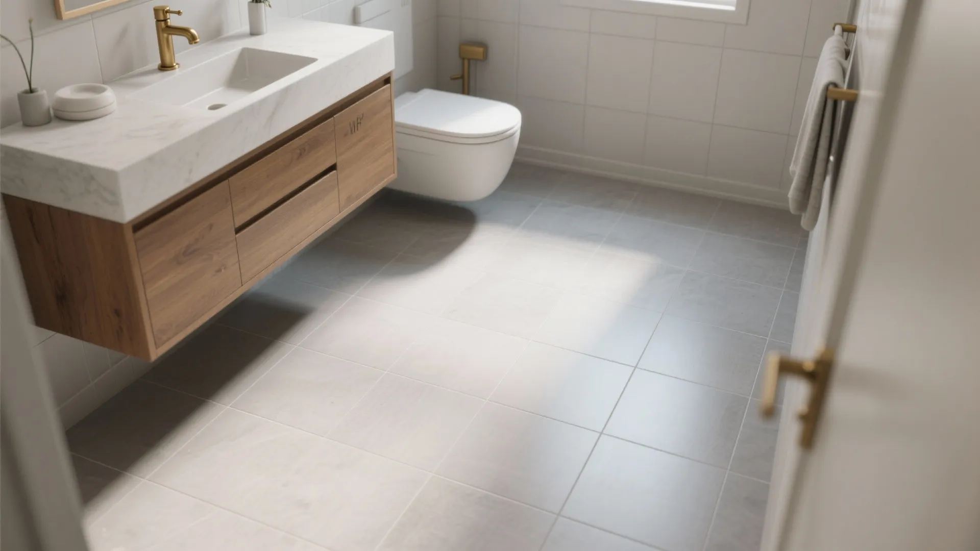 1. Large-format light gray porcelain