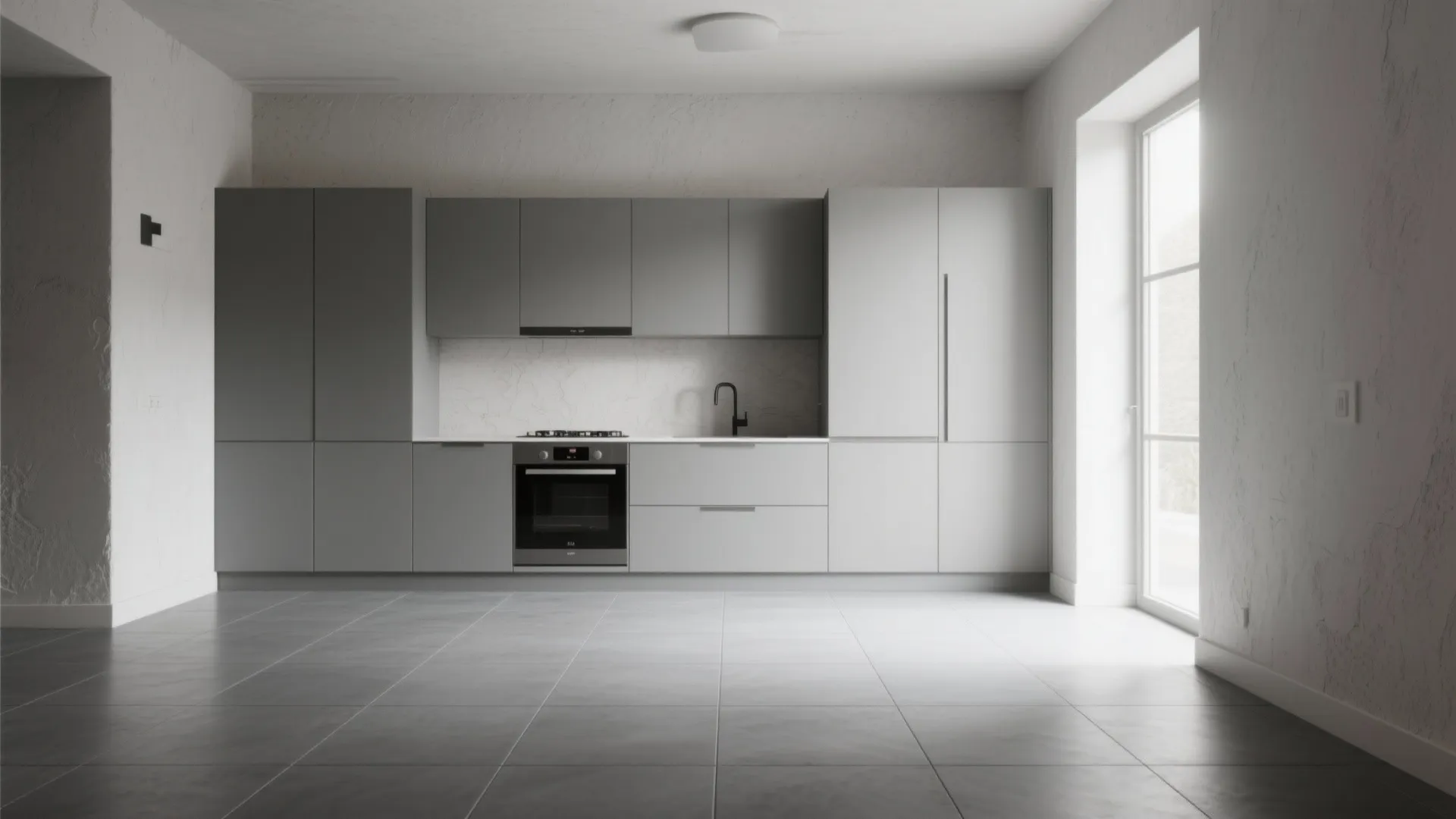 1. Large-format matte gray tiles to expand visual space