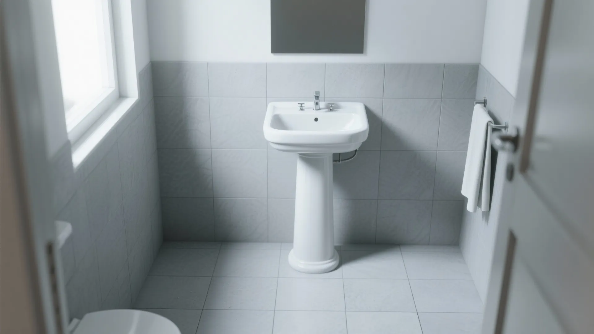 Minimalist bathroom design with white pedestal sink gray wall tiles white floor and natural light