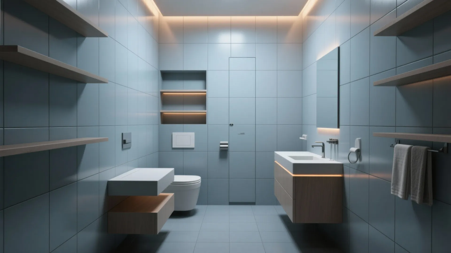 Bathroom with matte large-format gray-blue tiles and minimal grout lines for a seamless look