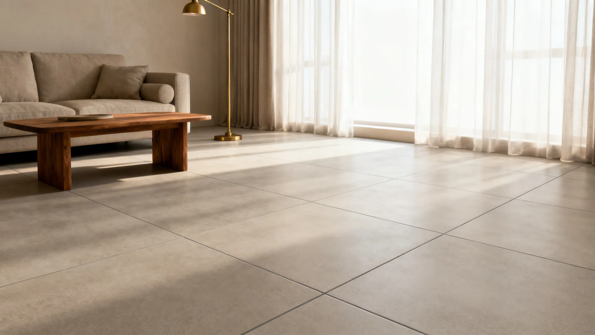 Living room with 800x1600 mm warm greige matte porcelain tiles and minimal grout lines.