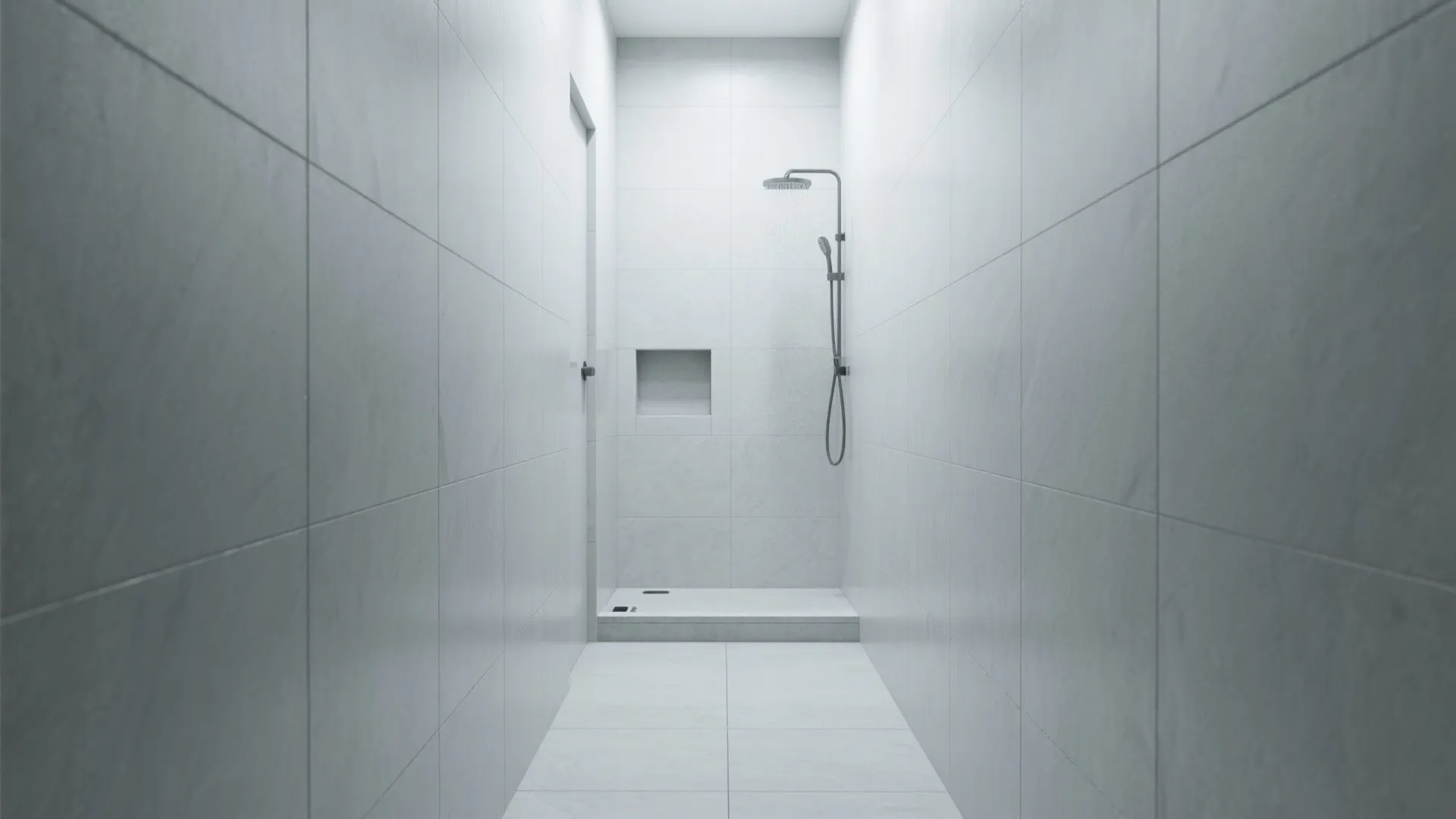 1. Large-format light grey tiles to visually expand space