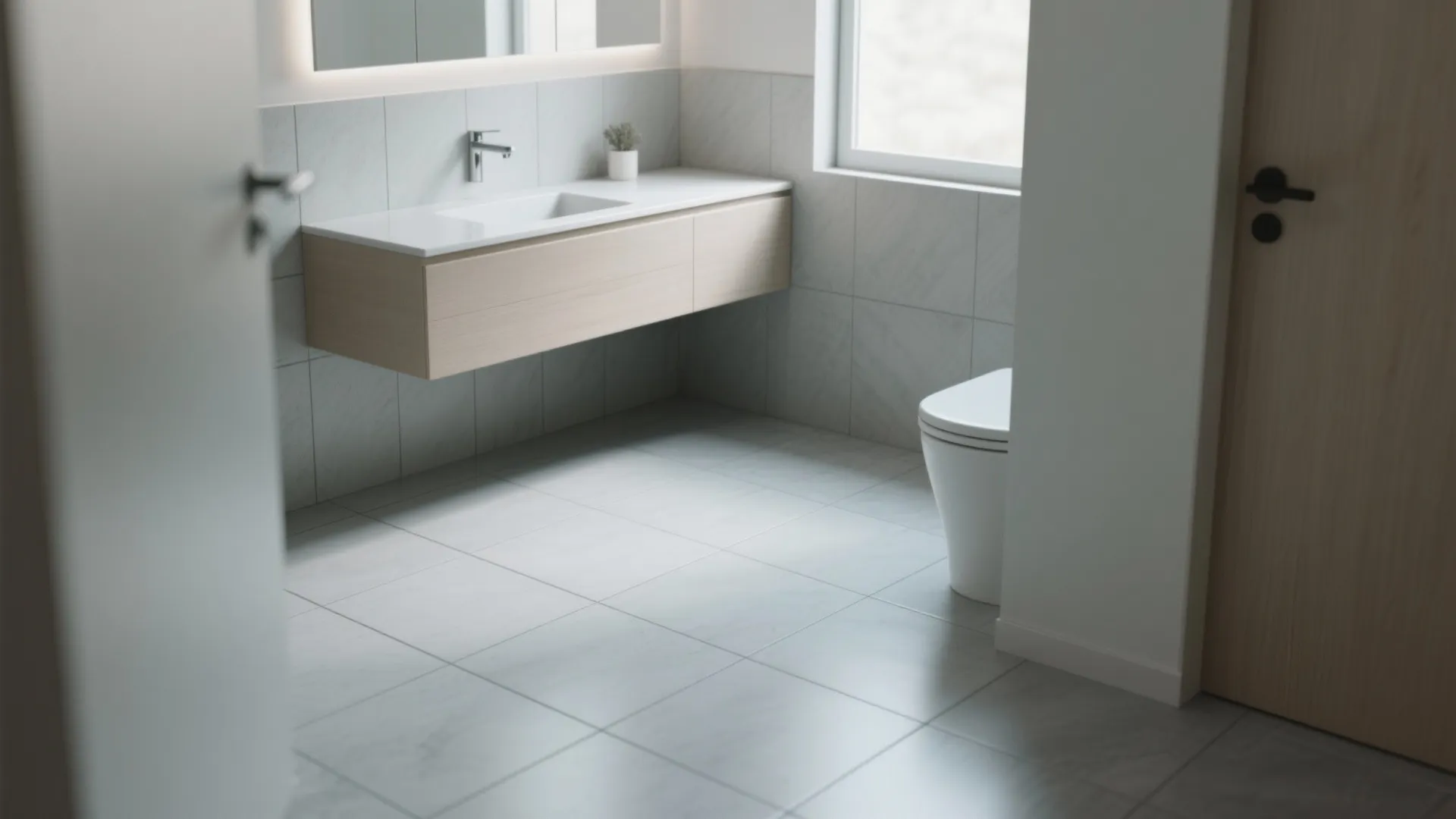 1. Light grey large-format tiles to visually expand space