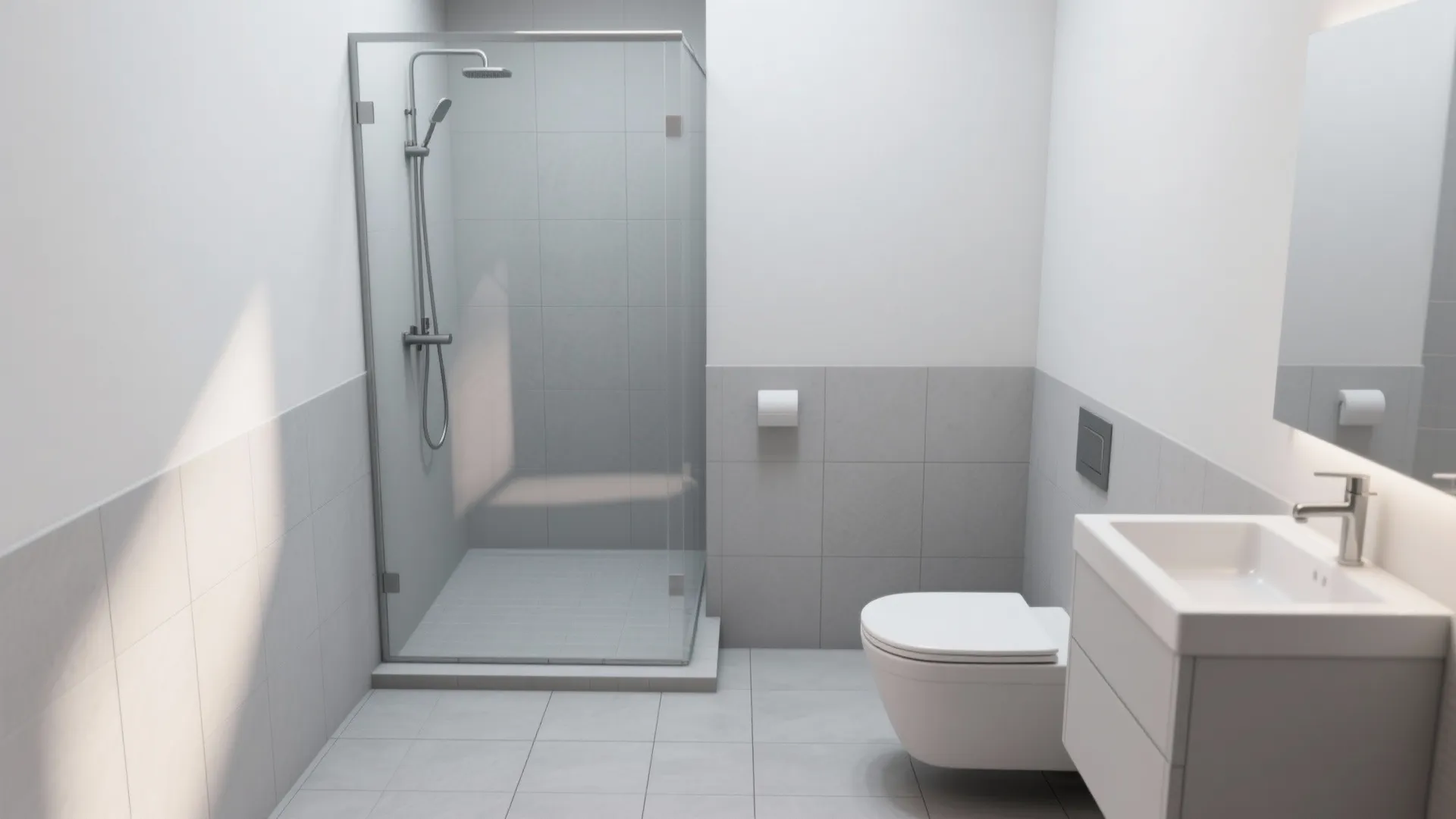 Modern white and grey bathroom with glass shower room toilet sink cabinet and grey wall tiles