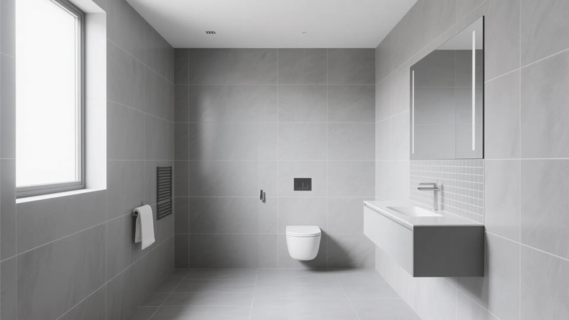 Large-format grey tiles to minimize grout lines