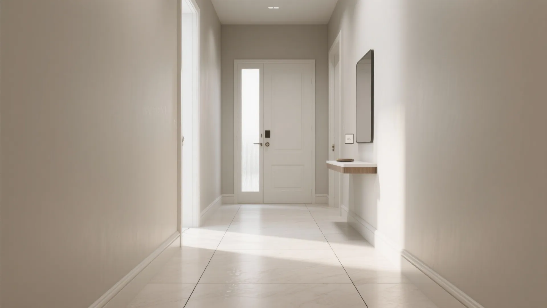 Long narrow hallway with large white floor tiles, floating shelf, wall mirror, and white door