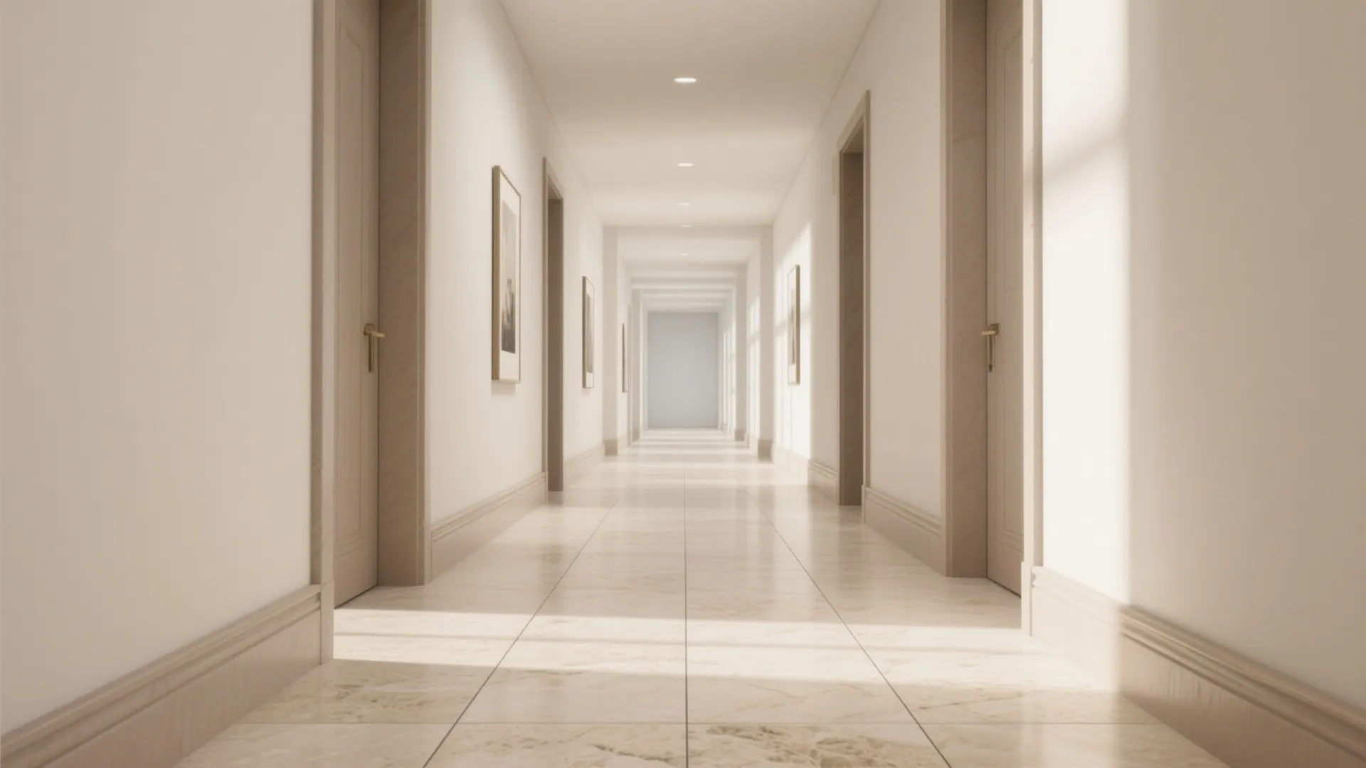 Long bright hallway with beige marble floor tiles multiple wooden doors and warm ceiling lights