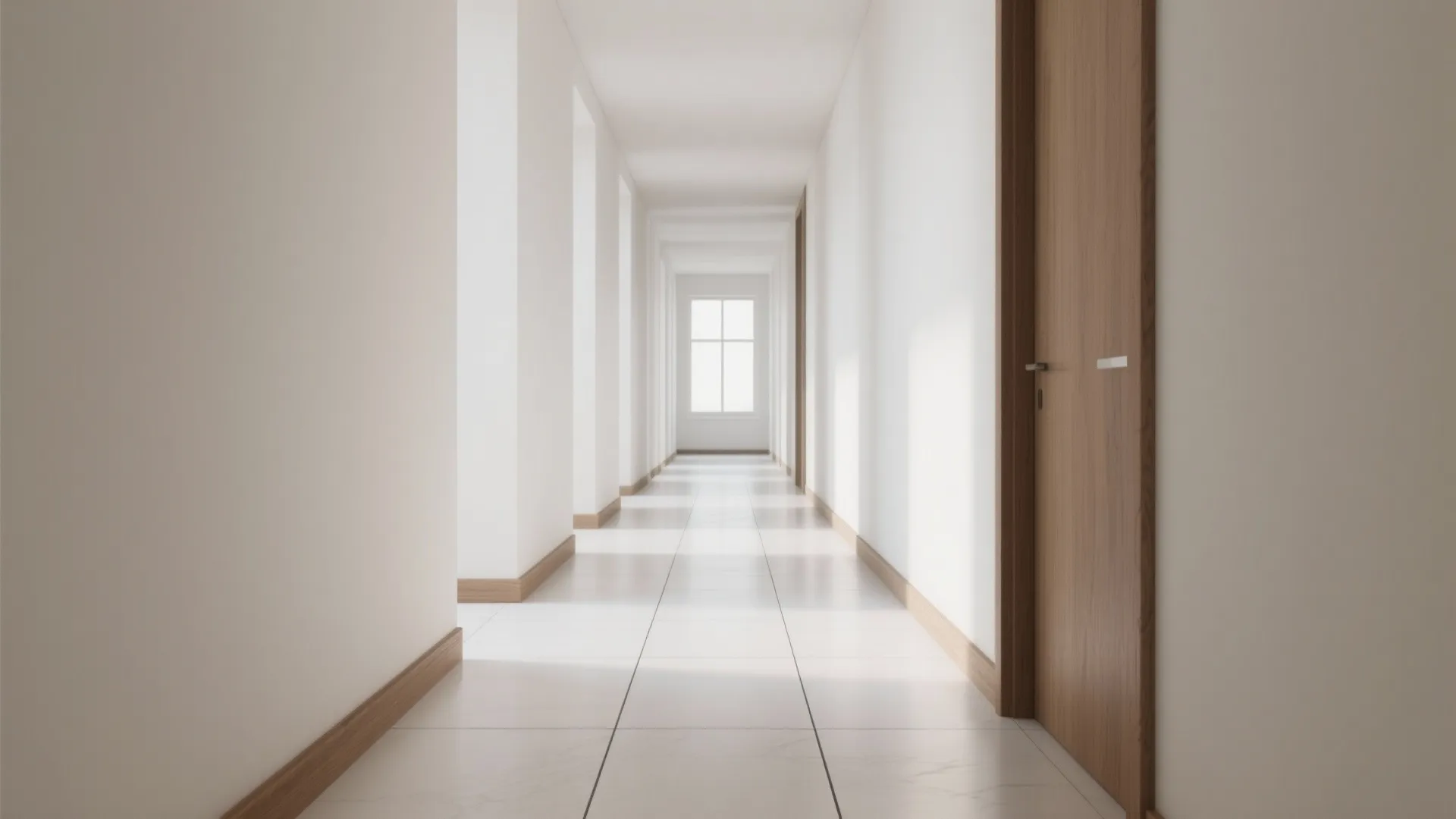 Long bright hallway with white walls marble floor tiles wooden doors and a small window
